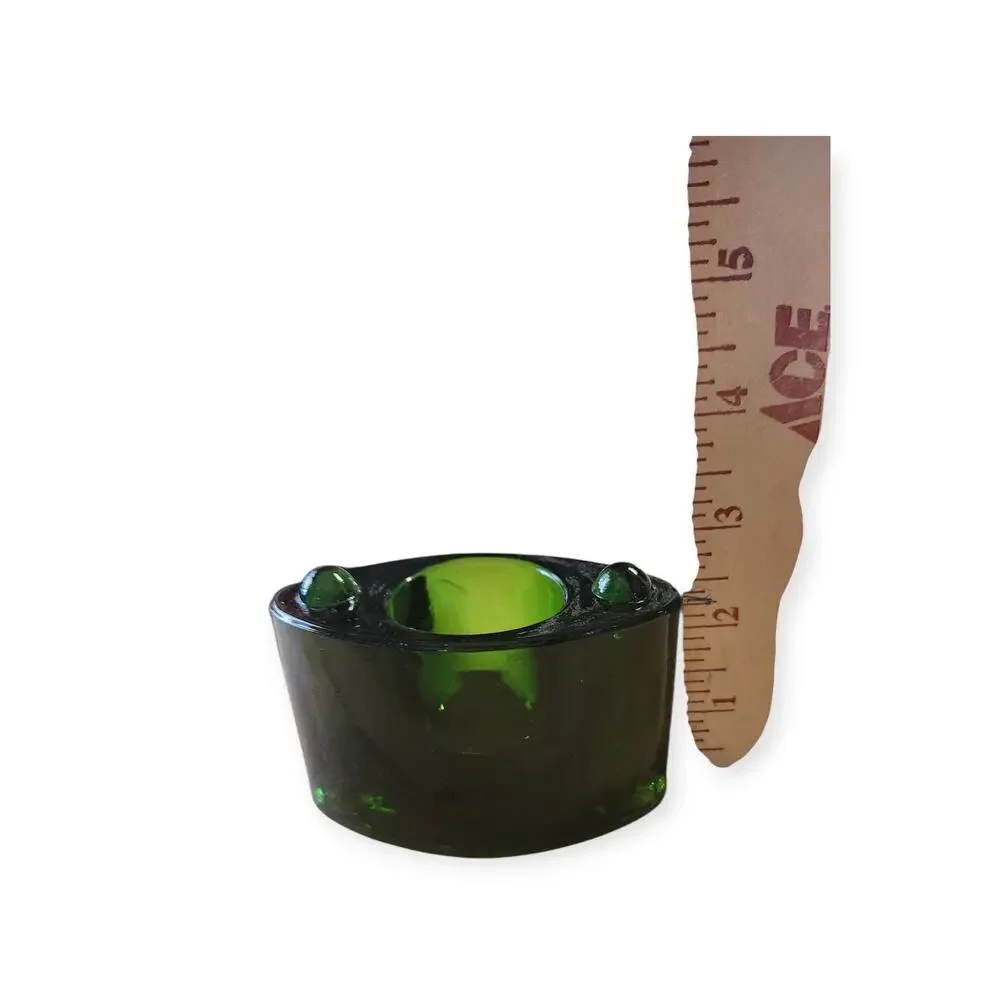 Vintage MCM Green Cats Eye Glass Single Votive Candle Holders Pair of 2